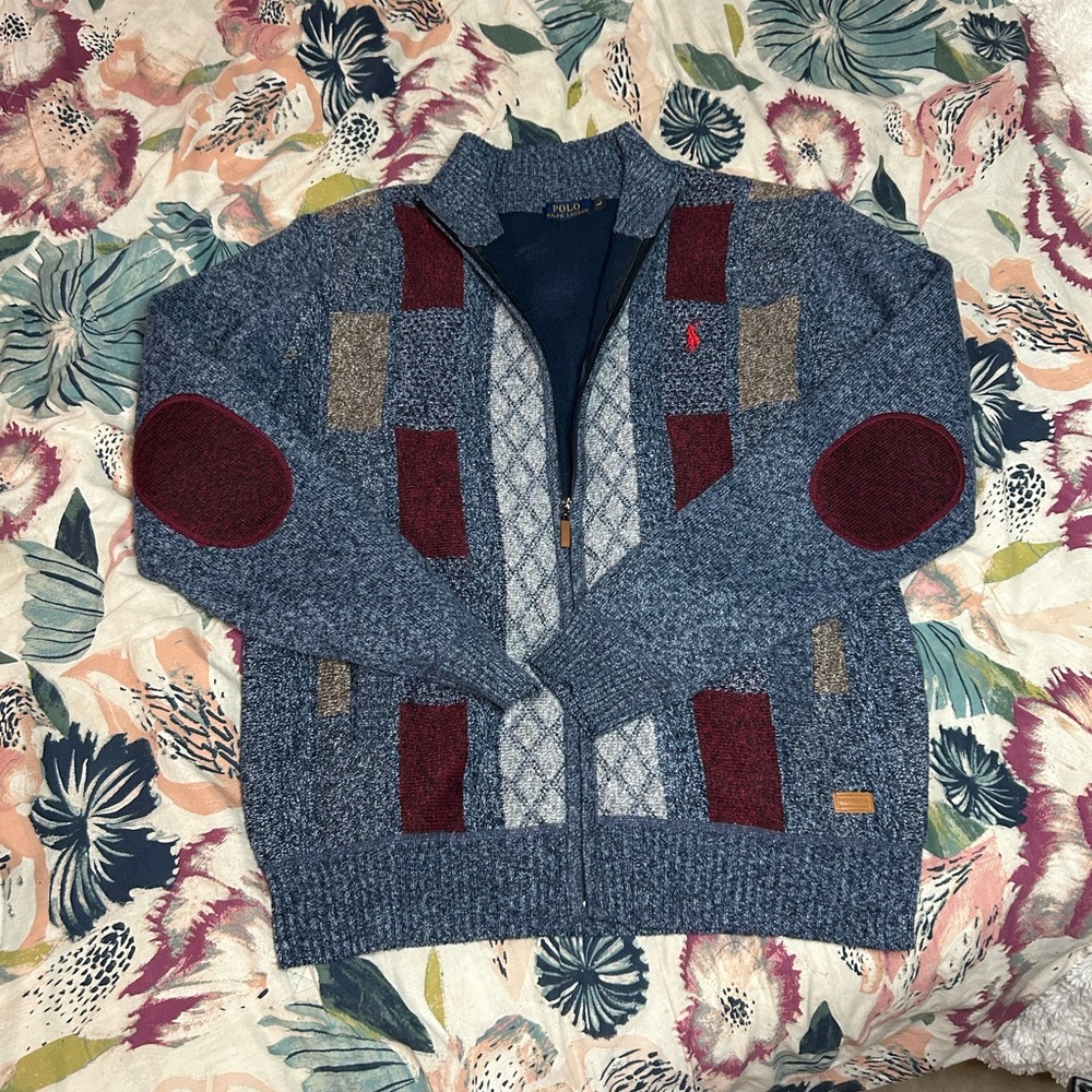 Ralph Lauren Blue and Burgundy Zip-Up Sweater